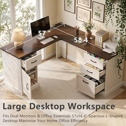 L Shaped Executive Desk with Storage, 4 Drawers, Brown & White, view 8