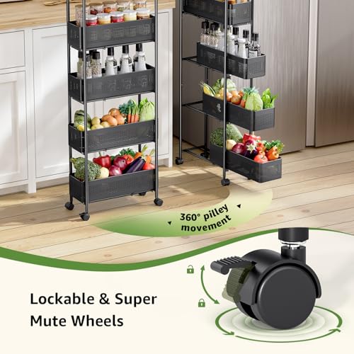 5 Tier Slim Rolling Cart with Drawer, Metal Utility Storage Cart, view 5