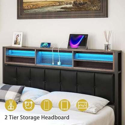 Metal bed frame with wooden accents, black, LED lighting and storage, view 4