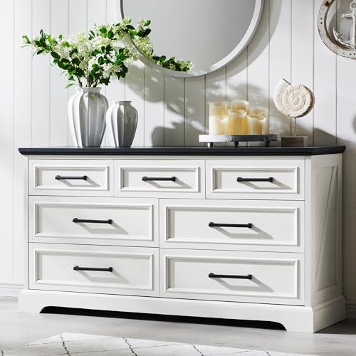 7 Drawer Dresser, 52" Wide Farmhouse Chest for Bedroom, Off White, view 2