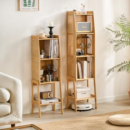 Bamboo Rattan Bookcase with Cabinet, 3-Tier Storage Shelf with Side Table & End Table Function, Large Modern Wood Organizer for Living Room or Bedroom, Natural Bookshelf