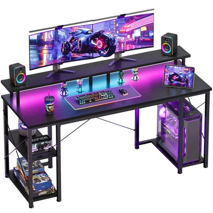 55 Inch Gaming Desk with LED Lights & Storage Shelves, Black, view 2