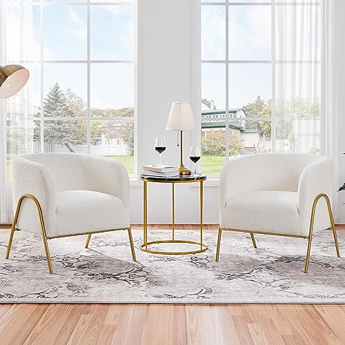 Yaheetech Accent Chair Set of 2, Armchair Set, Side Chairs for Living Room, Boucle Fabric Vanity Chairs with Gold Legs for Bedroom Office Reading Nook, Ivory