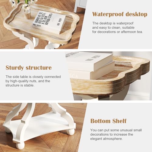 Farmhouse Side Table - Rustic End Table with an Open Shelf & Raised Edge, Accent Table with Distressed White Finish and Solid Wood Legs - Perfect for Living Room, Bedroom, Entryway, White