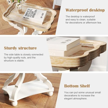 Farmhouse Side Table - Rustic End Table with an Open Shelf & Raised Edge, Accent Table with Distressed White Finish and Solid Wood Legs - Perfect for Living Room, Bedroom, Entryway, White