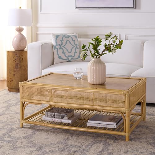 SAFAVIEH Furniture - Webster Rectangle Coffee Table - Natural Solid Wood with Rattan Shelf Storage, Boho Living Room Table, 43.3" W x 25.6" D x 17.7" H (COF6518A)