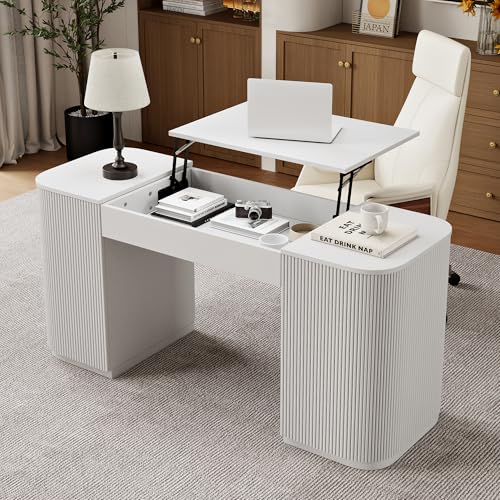 Modern 59.8" Lift-Top Home Office Desk, Engineered Wood Fluted Desk with 2 Doors Ample Storage for Working, Study, Reading Room, White