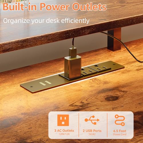 51" Computer Desk with Power Outlet and LED Lights, Reversible Home Office Desk with File Cabinet & Monitor Stand, Large Gaming Table with Storage Shelves & Drawer, Rustic Brown
