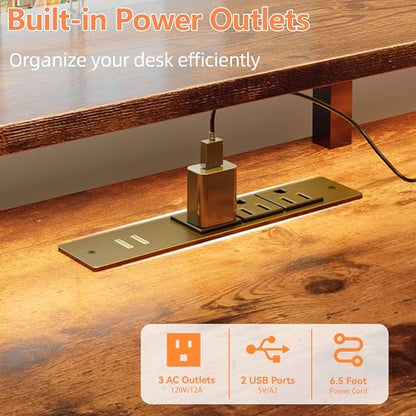 51" Computer Desk with Power Outlet and LED Lights, Reversible Home Office Desk with File Cabinet & Monitor Stand, Large Gaming Table with Storage Shelves & Drawer, Rustic Brown
