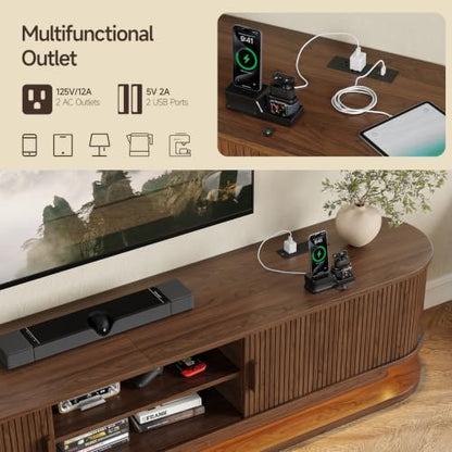 83" TV Stand up to 90 Inch with LED Lights and Power Outlet, Walnut, view 6
