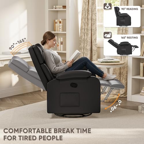 Recliner Chair, 360 Swivel Rocking Chair for Adults, Massage Nursery Chair with Adjustable Backrest and Footrest, PU Leather Glider Rocker Recliners with Side Pocket for Living Room (Black)