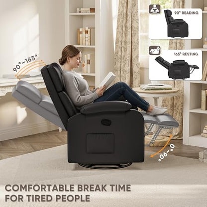 Recliner Chair, 360 Swivel Rocking Chair for Adults, Massage Nursery Chair with Adjustable Backrest and Footrest, PU Leather Glider Rocker Recliners with Side Pocket for Living Room (Black)