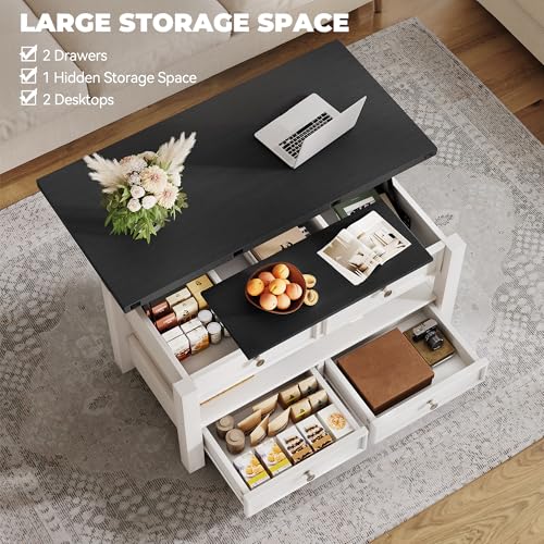 Lift Top Coffee Table, Multi-Functional Convertible Coffee Table with Drawers and Hidden Storage, Dining Table for Living Room, Home Office