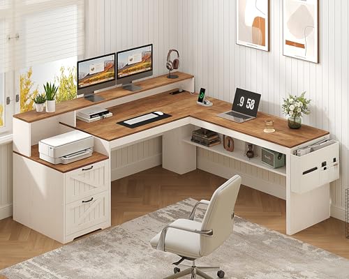 63" Farmhouse L Shaped Desk with Drawers ＆ Storage Shelves for Home Office, view 2