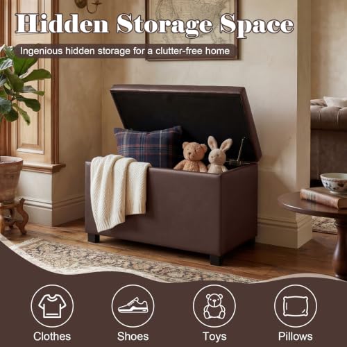 24" Leather Storage Ottoman Bench, Rectangle Foot Rest Stool for Living Room, Bedroom, Entryway, Brown