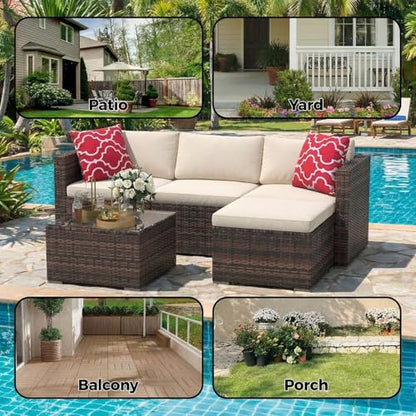 5 Pieces Patio Furniture Set, All Weather Wicker Rattan Sectional Sofa, Outdoor Patio Furniture Set with Washable Cushions for Garden, Backyard, Porch, Poolside (Brown&Beige)