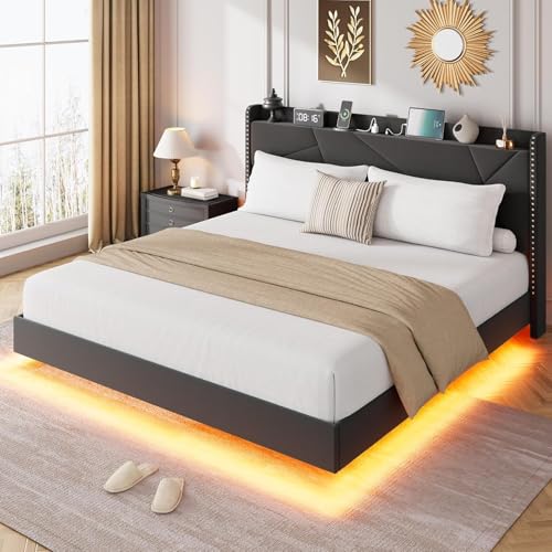Queen Size Floating Bed Frame with Light and Charging Station, Black, view 2