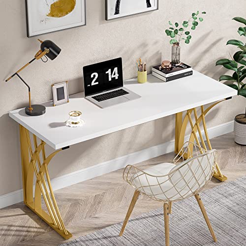 55’’ Large Modern Computer Desk, White & Gold Luxury Laptop PC Student Table, Makeup Vanity Table with Thick Frame & Strong Legs, Sturdy Writing Workstation for Home & Office