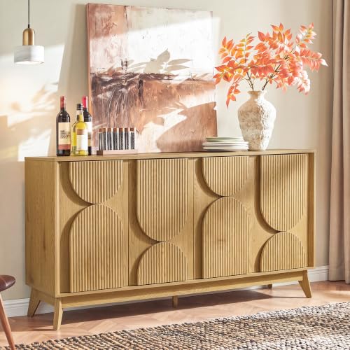 63 Inch Mid Century Modern Fluted Sideboard Buffet Cabinet Natural, view 3