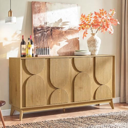 63 Inch Mid Century Modern Fluted Sideboard Buffet Cabinet Natural, view 3