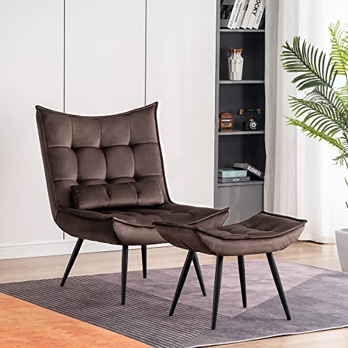 Accent Chair with Ottoman, Modern Velvet Wingback Lounge Chair, Upholstered Club Chair for Small Space, Living Room & Bedroom 4079 (Brown)