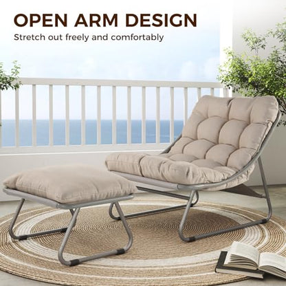 Outdoor Lounge Chair with Foot Stool, Comfy Sling Recliner Chair with Puffy Cushion and Foot Rest, Modern Patio Furniture Set for Porch Deck Garden, Champagne Gray