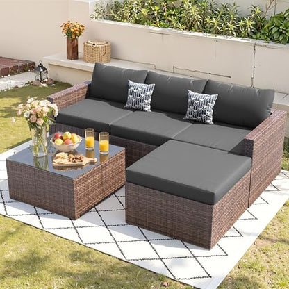 5 Piece L Shaped Outdoor Couch, Small Space Patio Furniture Set,Grey | Outdoor Sectional Sofa, All-Weather Wicker, Includes Ottoman & Glass Table, for Deck Balcony Porch Backyard