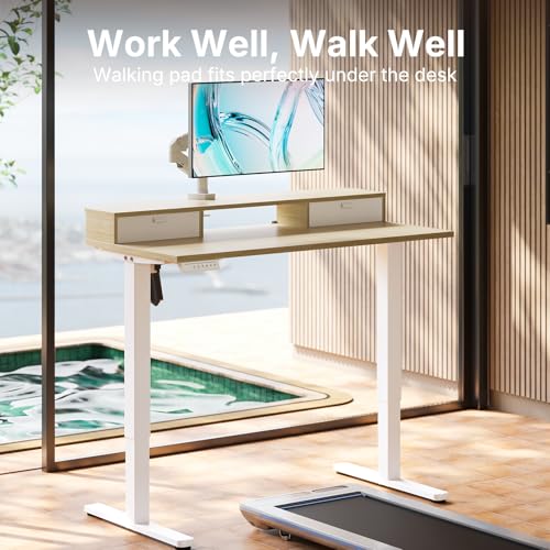 48 x 24 inch Small Electric Standing Desk with 2 Drawers, C-Clamp Mount Compatible, Height Adjustable Sit Stand Desk, Home Office Stand Up Desk with 4 Memory Height Settings, Light Walnut