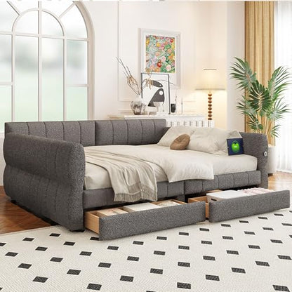Queen Size Upholstered Daybed Sofa Bed with 2 Drawers, Lambswool Upholstered Platform Bed with USB for Bedroom Living Room Guest Room (Gray-@045)