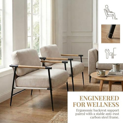 Mid-Century Modern Accent Chairs Set of 2 - Soft Linen Upholstered Lounge Reading Chair for Bedroom - Comfy Lightweight Livinig Room Chairs - Beige
