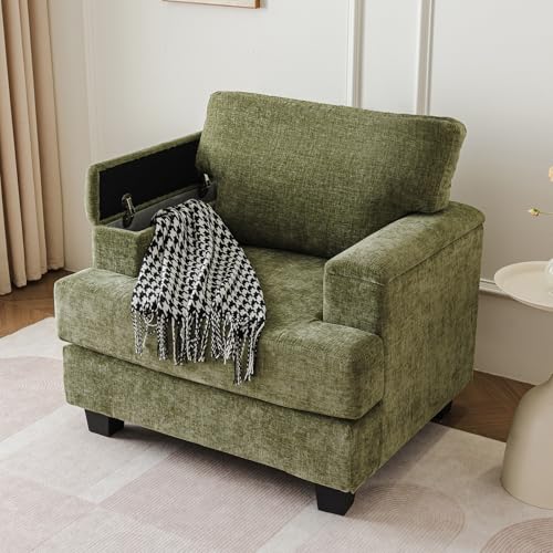 Oversized Accent Chair with Armrest Organizer,Comfy Living Room Chairs with 7.8'' Cushion,Upholstered Mid-Century Armchair,Large Reading Chair for Bedroom Living Room,Office,Chenille,Green