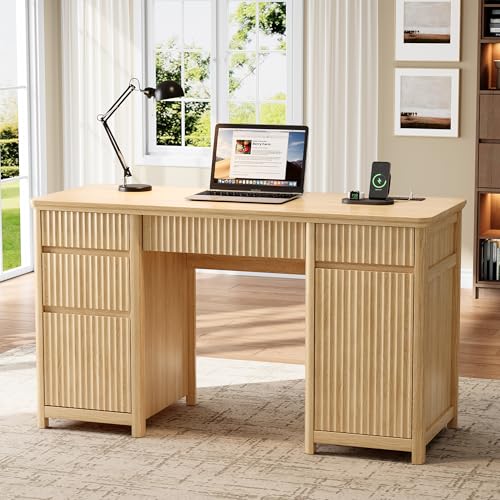 55" Fluted Executive Desk with Drawers & Charging Station, view 2