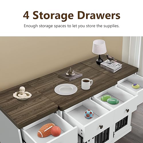 55.5" Wooden Dog Crate Furniture with 4 Drawers 1872 White and Brown, view 5
