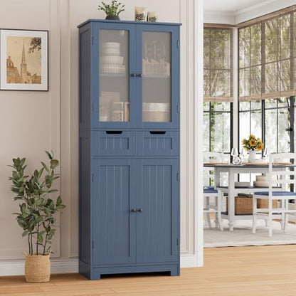 67" Tall Bathroom Storage Cabinet, Freestanding Storage Cabinet with Glass Door and Shelves, Kitchen Pantry with 2 Drawers for Bathroom, Living Room, Dining Room, Blue