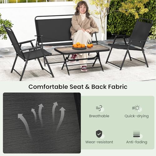 4 Piece Folding Patio Furniture Set, Metal Chair & Table Set with Breathable Fabric Seat, Outdoor Sectional Conversation Set with 2 Patio Chairs, Loveseat, Coffee Table for Yard Porch Deck