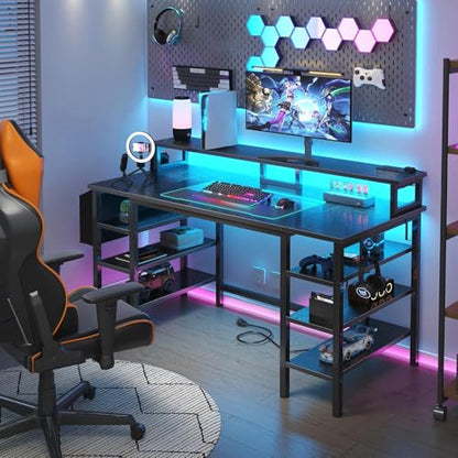 Gaming Desk with LED Lights and Storage Shelves, 47 inch Computer Desk with Power Outlets, Home Office Desk with Monitor Stand, Writing Table PC Desks, Black