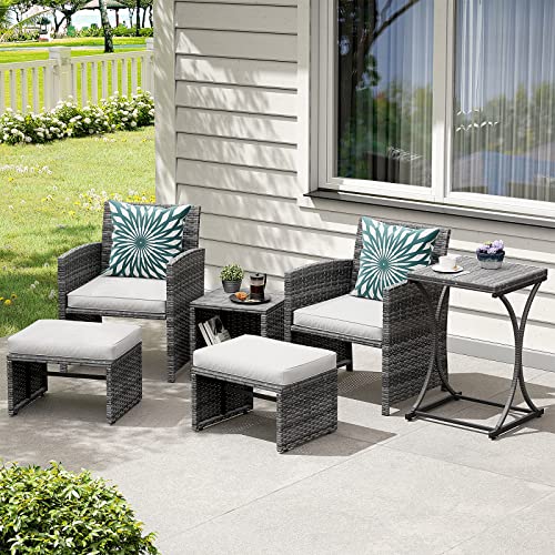 6 Piece Patio Furniture Conversation Set with Ottoman, Outdoor Grey Wicker Chair and Table Set, Balcony Furniture for Apartments, White