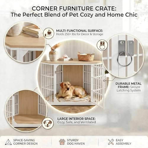 52 Inch Dog Crate Furniture Corner for Large Dogs, Natural, view 7