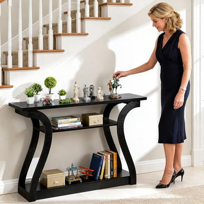 47 in Narrow Console Table, 3 Tier Entryway Table, Wood Sofa Table Decorative Hallway Table with Shelves, Curved Frame for Living Room Front Door Entrance (Black, Flat Surface)