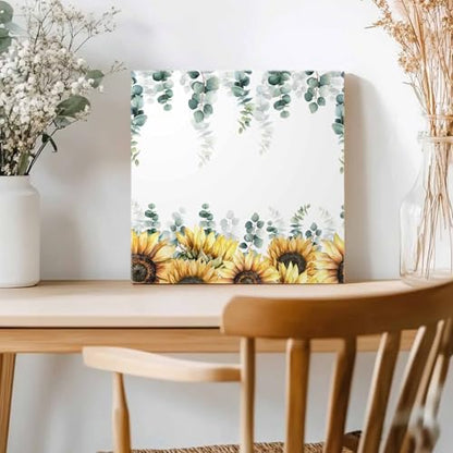 Sunflower Eucalyptus Wall Art Decor for Living Room Bedroom Kitchen Office Hotel, Farmhouse Weeping Botanical Wooden Framed Canvas Picture Oil Painting with Wrapped Design - Ready To Hang 8"x8"