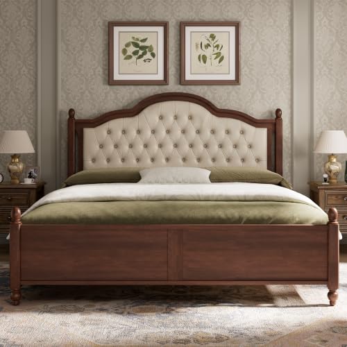 Solid Wood King Size Bed Frame with Upholstered Headboard, view 5