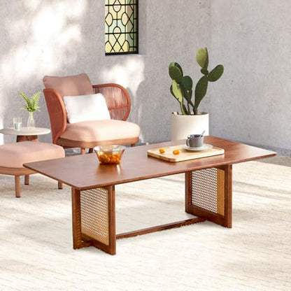 Coffee Table for Living Room, Rectangle Solid Wood Table Top, Modern Imitation Rattan Coffee Table, Cross Table Legs Tea Table for Apartment Small Space (Walnut)