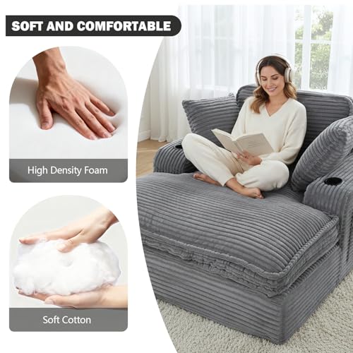 67" Oversized Chaise Lounge Chair Indoor, Soft Boneless Cloud Couch, Gray, view 7