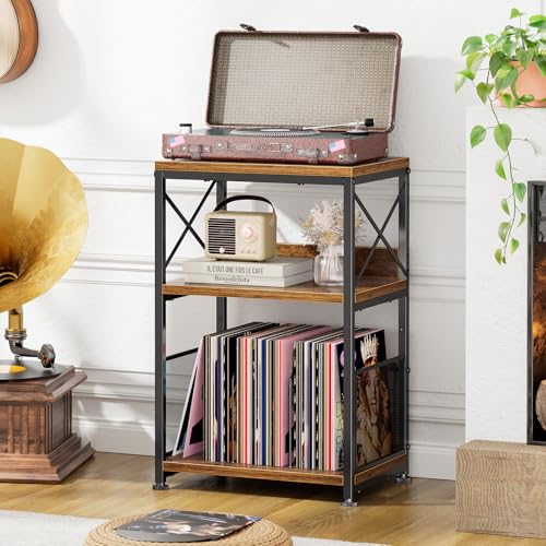 Rustic brown record player stand end table with vinyl storage, view 2