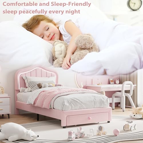 Twin Upholstered Bed Frame with Storage Drawer and Smart Led Headboard, Twin Size Platform Bed Frames for Kids, Wooden Slats Support, No Box Spring Needed, Easy Assembly, All Pink