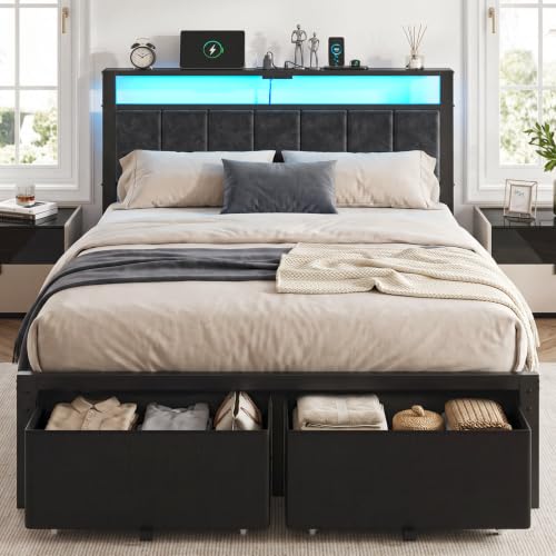 Full Size Bed Frame with Upholstered Headboard and 2 Storage Drawers, view 2