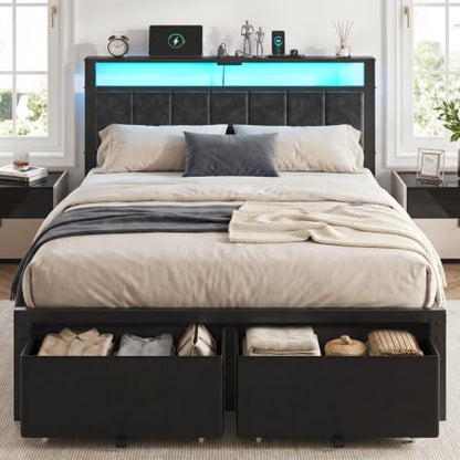 Full Size Bed Frame with Upholstered Headboard and 2 Storage Drawers, view 2