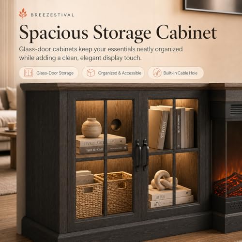 Black Farmhouse TV Stand with Fireplace, Entertainment Center, view 7