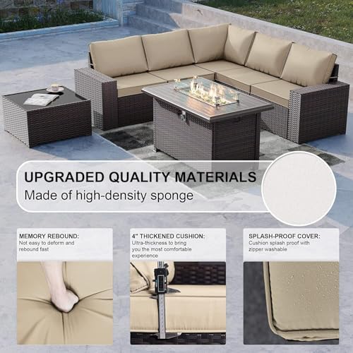 7 Pieces Outdoor Patio Furniture Set with 43" 55000BTU Gas Propane Fire Pit Table PE Wicker Rattan Sectional Sofa Patio Conversation Sets,Khaki