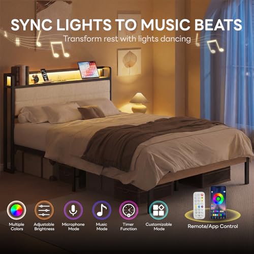 Full Bed Frame with Headboard, LED Lights and Charging Station, view 4